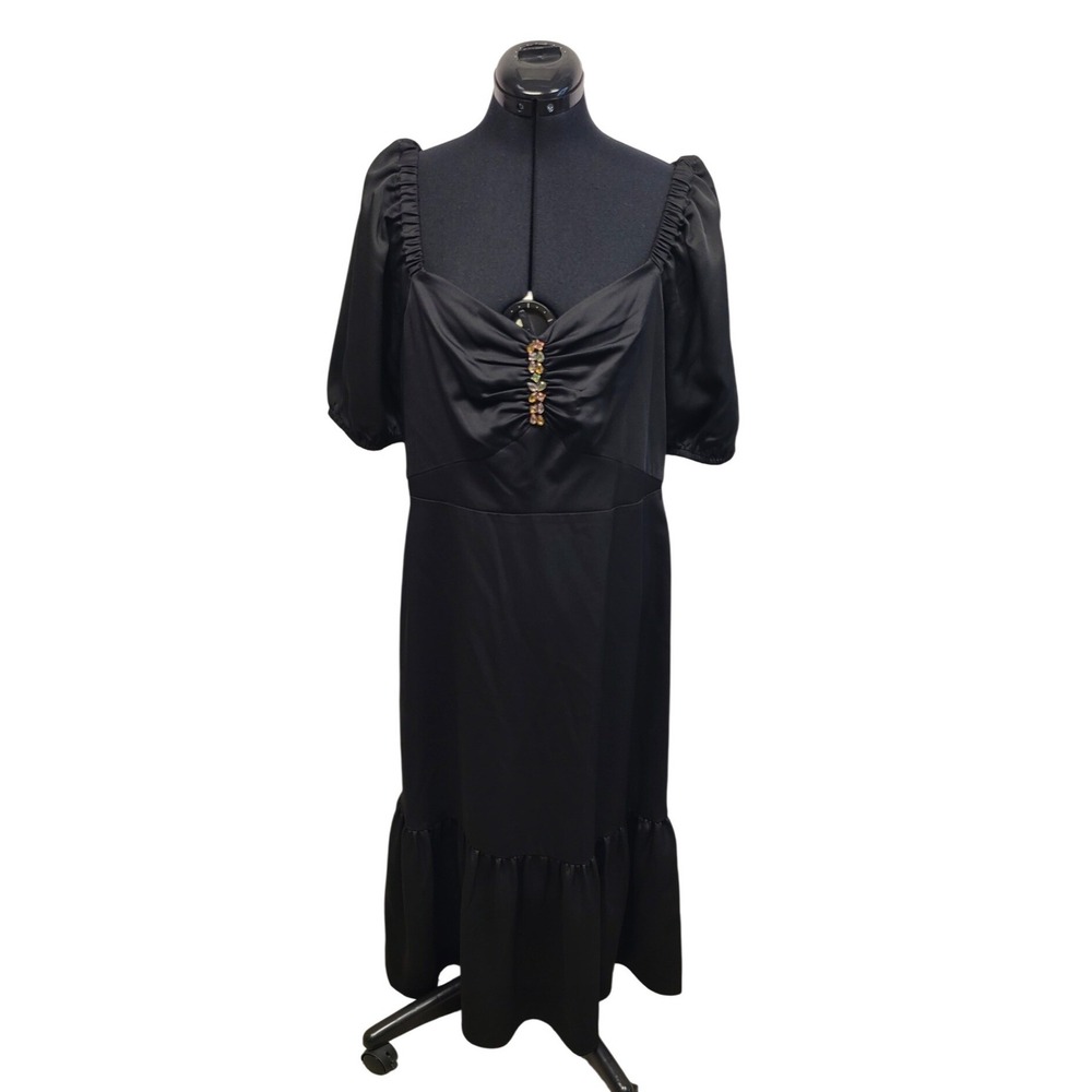 Anne Klein Black Puff Sleeve Crystal Ruched Midi Dress Women's 12 New
